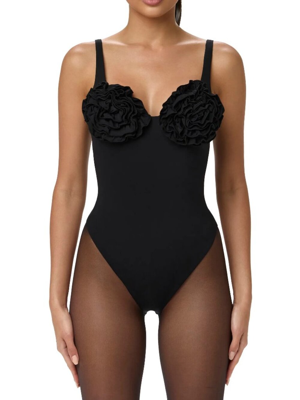 Naked Wardrobe 3D Rosette Bust Thong Black Sculpt Tank Bodysuit